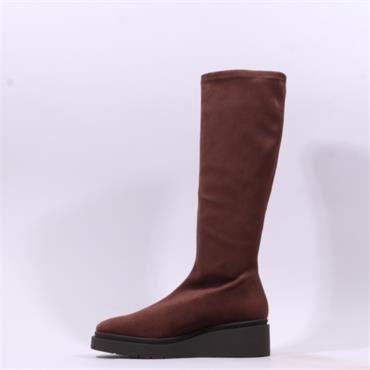 Miss Elastic Platform Wedge Long Boot - Brown Stretch